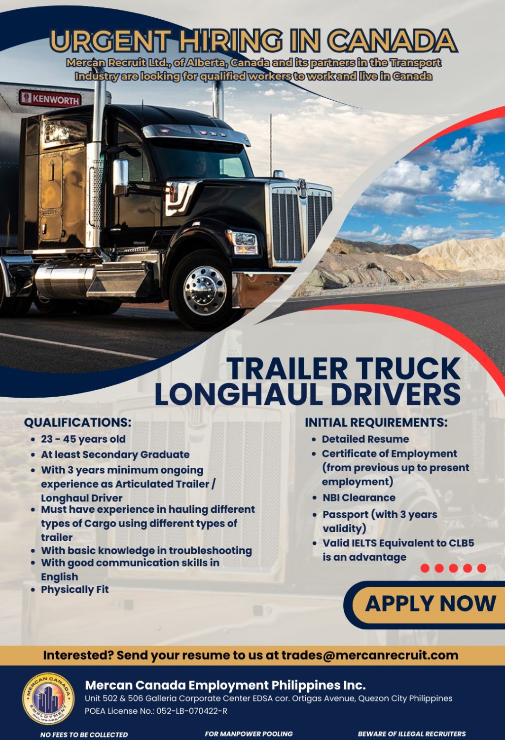 Trailer Truck Longhaul Drivers | Mercan Canada Employment Philippines. Inc.